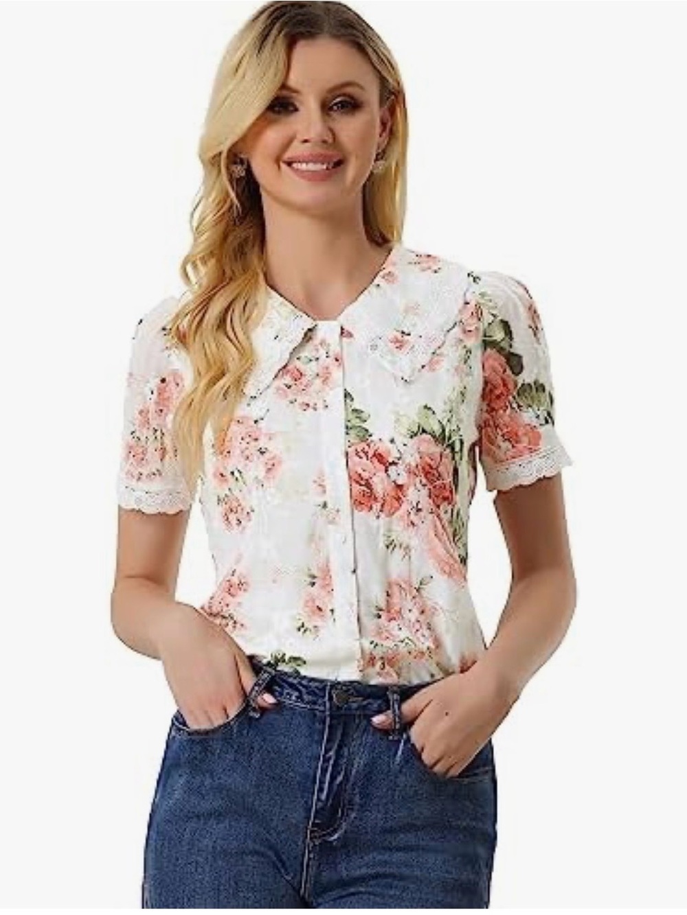Floral Lace-Trim Collared Blouse in White and Blush
